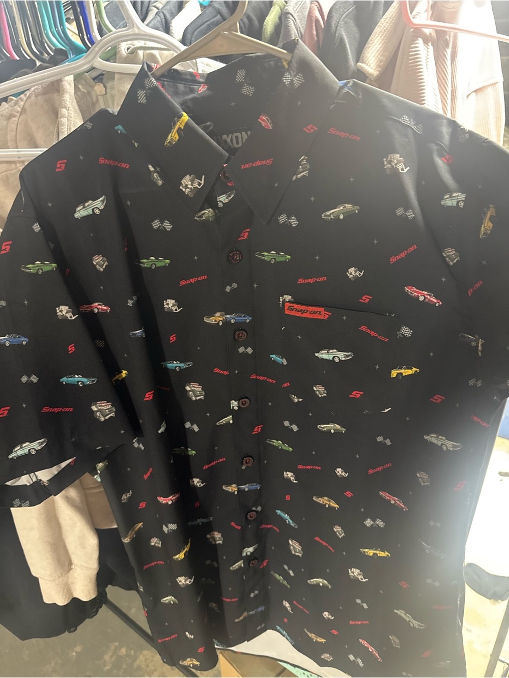 Snap on Black Short-Sleeve Button-Up Shirt with Car Print